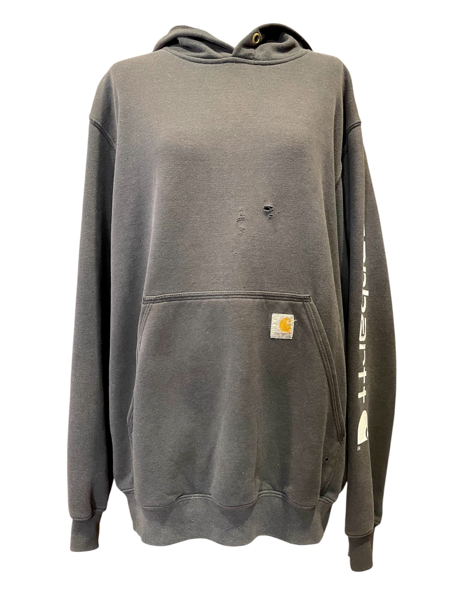 【carhartt】グレーのロゴスリーブ・プルオーバーパーカー