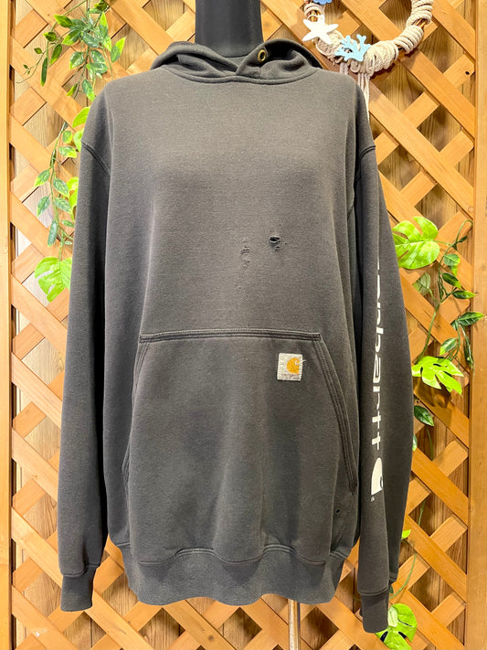 【carhartt】グレーのロゴスリーブ・プルオーバーパーカー