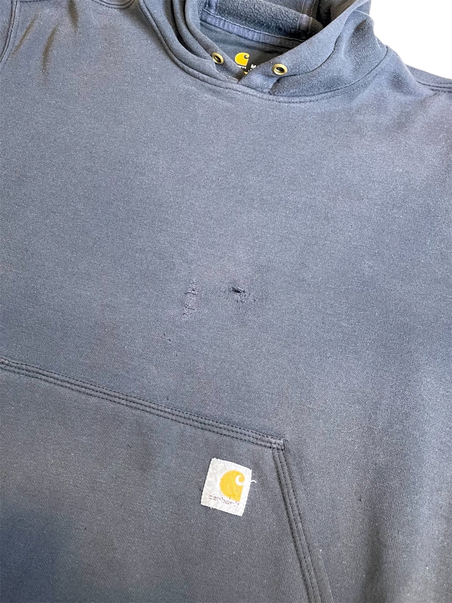 【carhartt】グレーのロゴスリーブ・プルオーバーパーカー