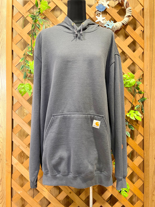 【carhartt】グレーのロゴスリーブ・プルオーバーパーカー