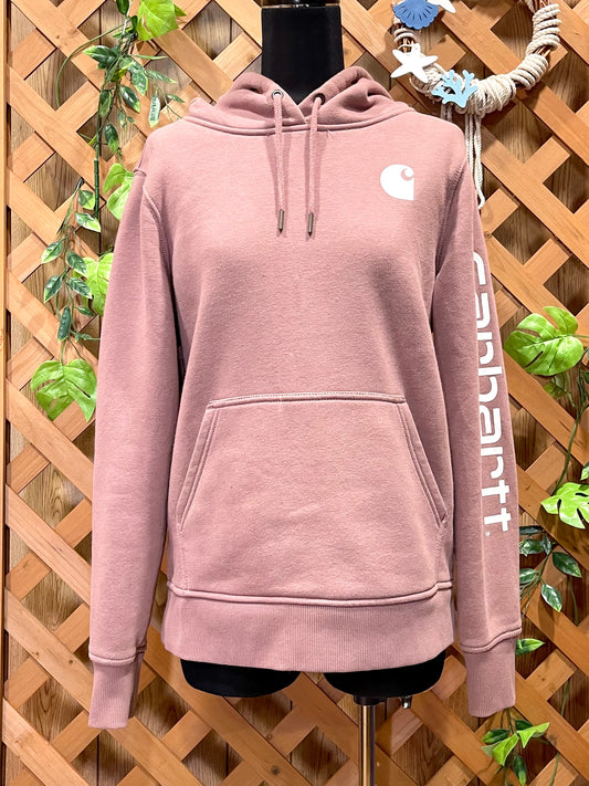 【carhartt】ピンクのロゴスリーブ・プルオーバーパーカー